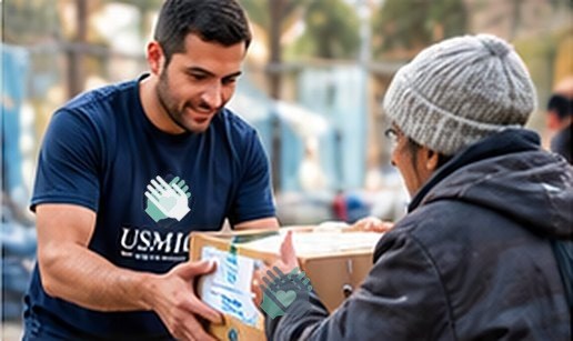 A USMIO volunteer handing a relief package to a resident